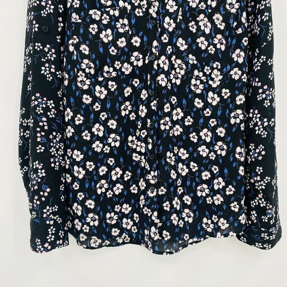 Express Size Small Black & Blue Floral Long Sleeve Button Down Career Blouse Top - Picture 3 of 9